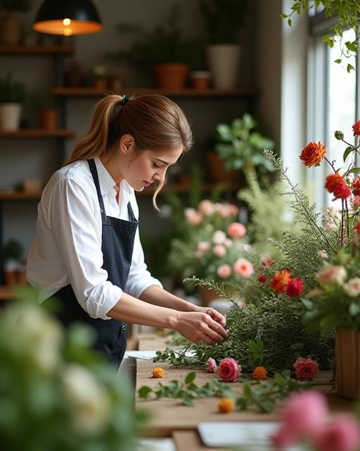 店内で丁寧に花をアレンジするフローリスト
